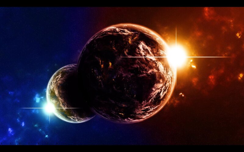 Two Planets in Space — Blue, Dramatic, Digital Art, Stars, Nebula, Sun