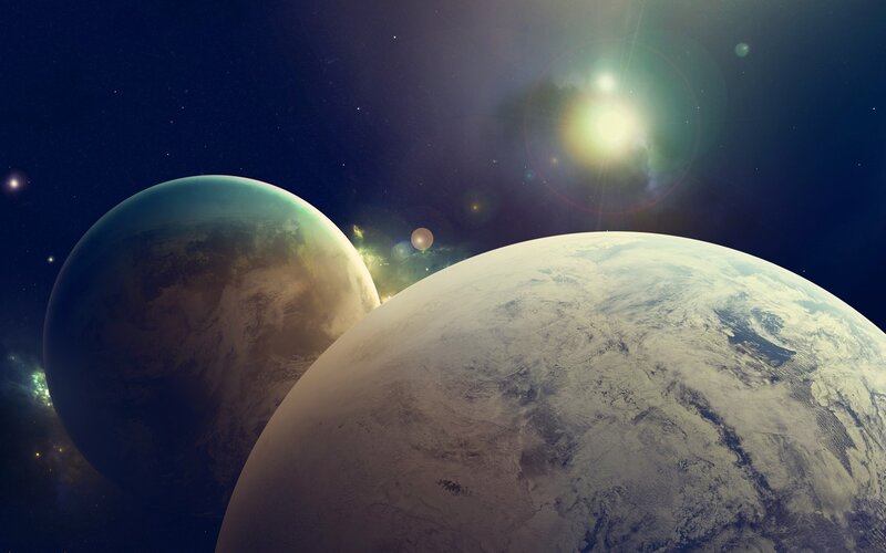 Two Planets in Space — Blue, Dramatic, Digital Art, Stars, Sun, Nebula