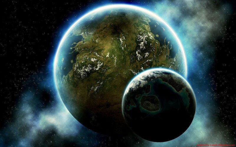 Two Planets in Space — Blue, Dramatic, Digital Art, Stars