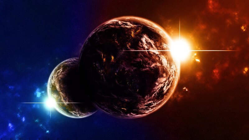Two Planets in Space — Blue, Dramatic, Digital Art