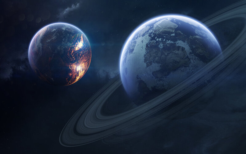 Two Planets in Space — Blue, Dramatic, Night, Digital Art, Rings