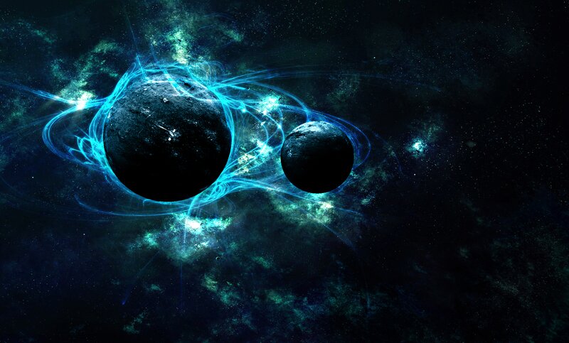 Two Planets in Space — Blue, Dramatic, Night, Digital Art, Stars, Nebula
