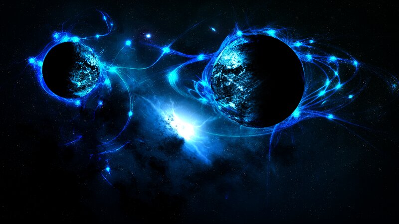 Two Planets in Space — Blue, Dramatic, Night, Digital Art, Stars