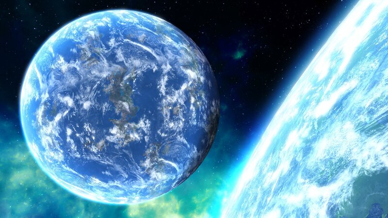 Two Planets in Space — Blue, Serene, Digital Art