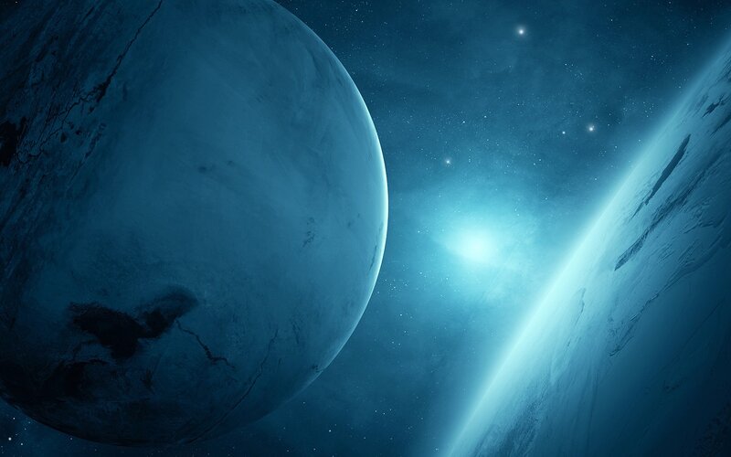 Two Planets in Space — Blue, Serene, Night, Digital Art