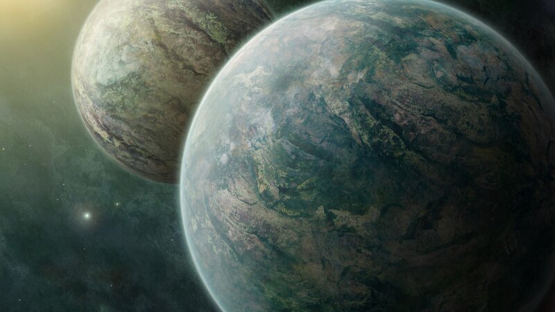 Two Planets in Space — Green, Dramatic, Digital Art, Stars, Brown, Black