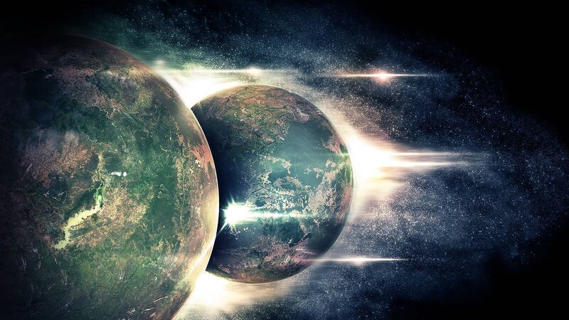 Two Planets in Space — Green, Dramatic, Digital Art, Stars, Light Beams, Black