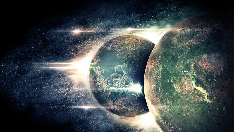 Two Planets in Space — Green, Dramatic, Digital Art, Stars, Sunlight