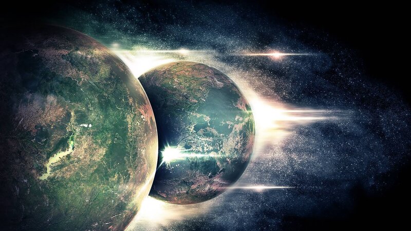 Two Planets in Space — Green, Dramatic, Digital Art, Stars