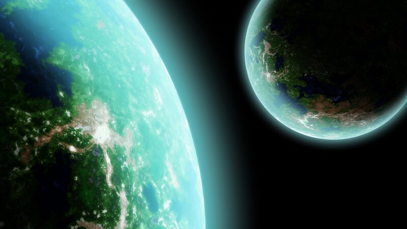 Two Planets in Space — Green, Serene, Digital Art