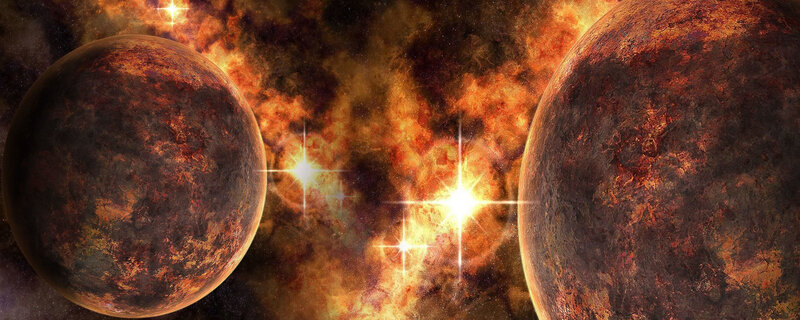 Two Planets in Space — Orange, Dramatic, Digital Art