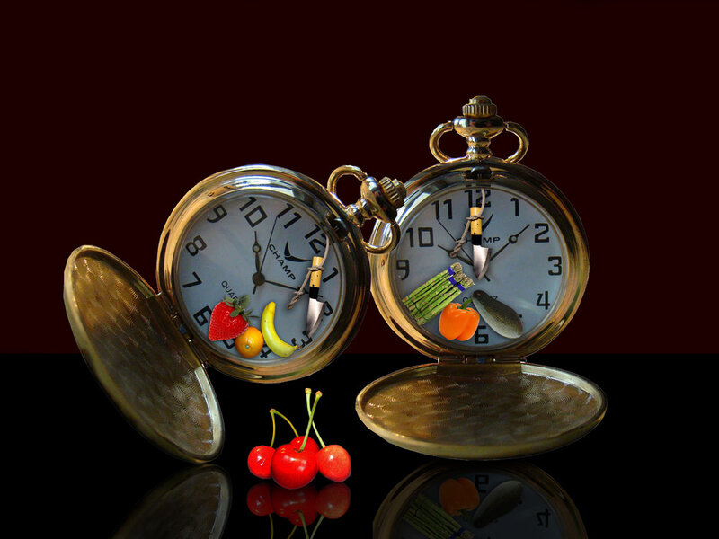 Two Pocket Watches with Fruit