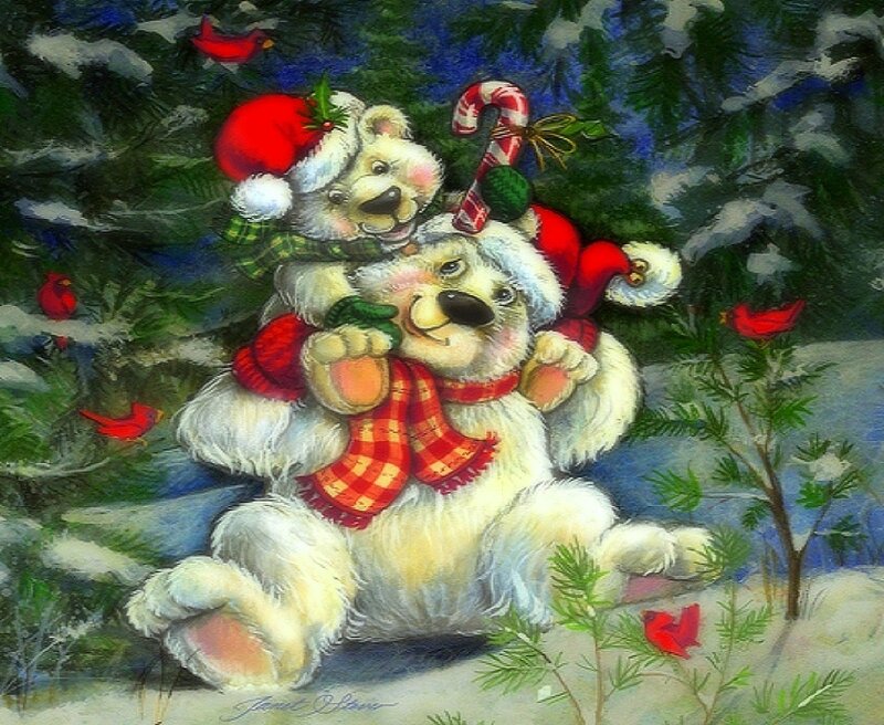 Two Polar Bears in Snow — White, Festive