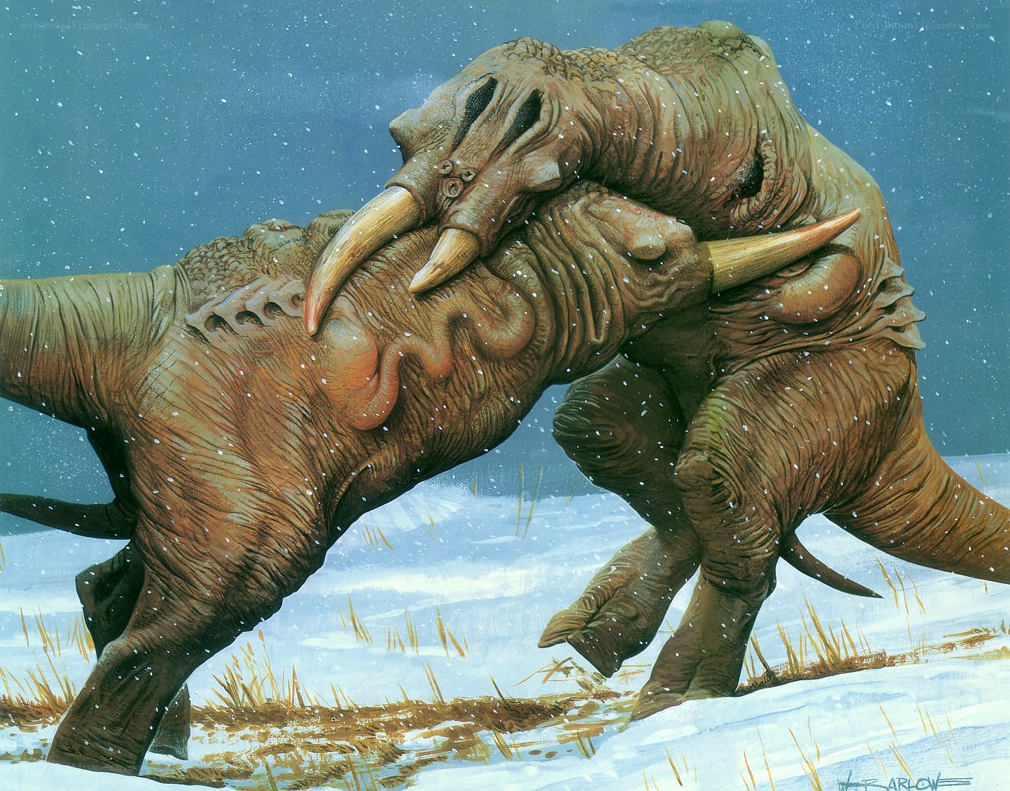 Two prehistoric beasts fighting