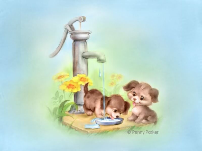 Two Puppies Drinking Water