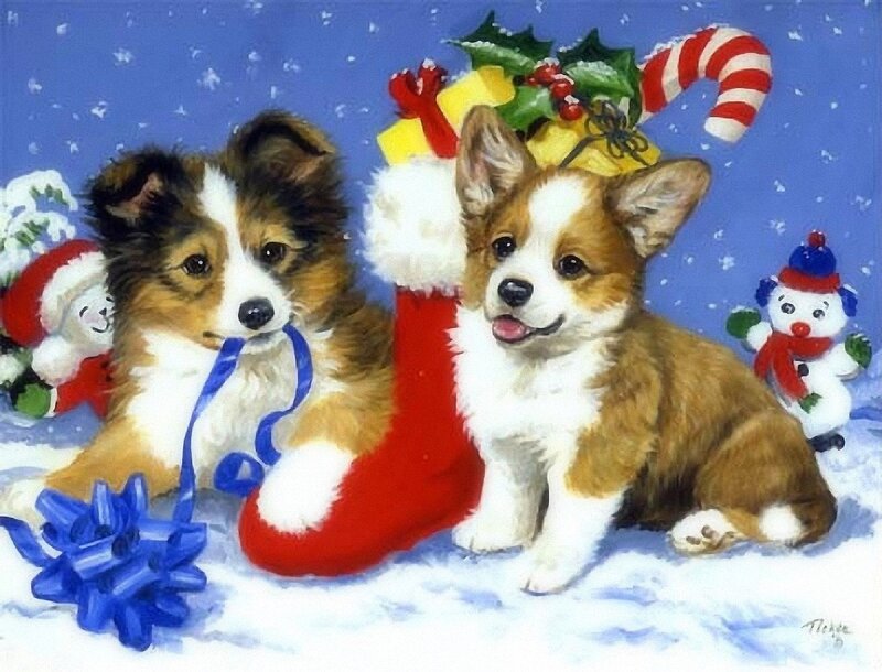 Two Puppies in Snow — Blue, Festive