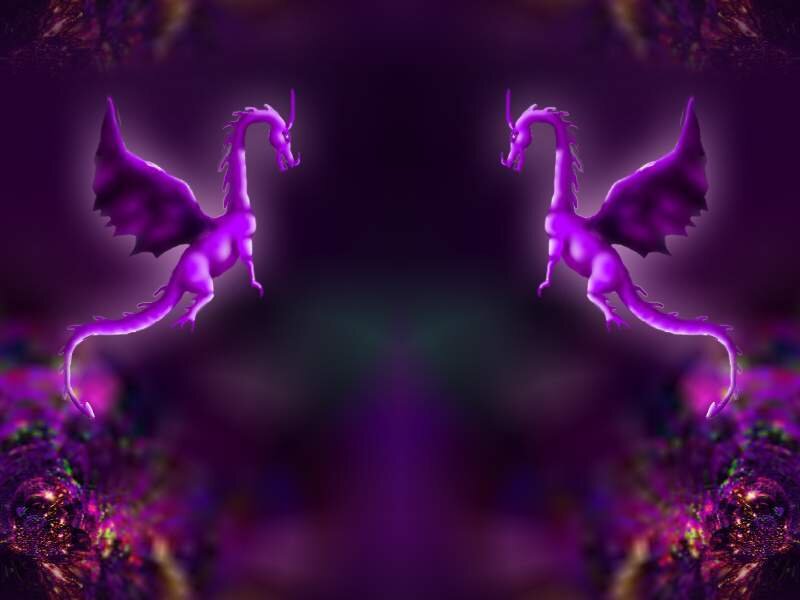 Two purple dragons in flight