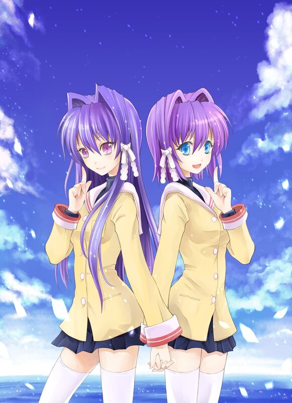 two purple-haired girls in school uniforms