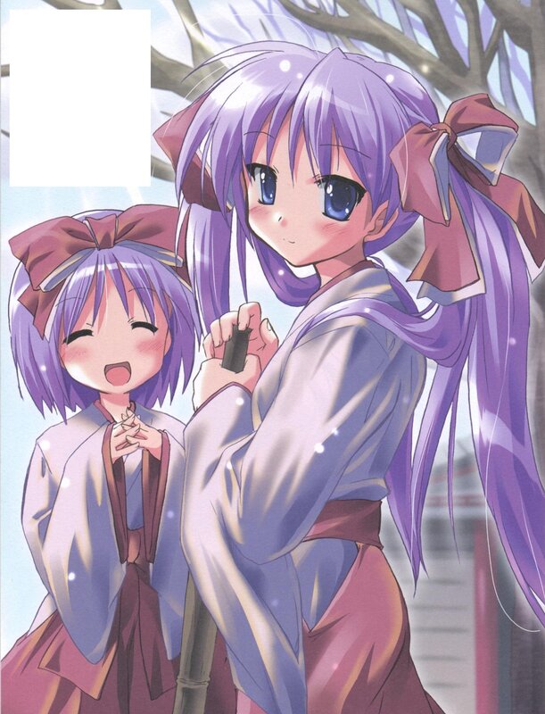 Two purple-haired girls in traditional clothes