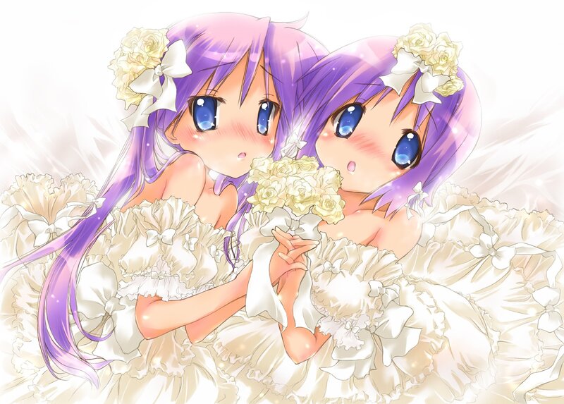 two purple-haired girls in wedding dresses