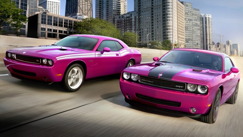 Two purple muscle cars on a city road