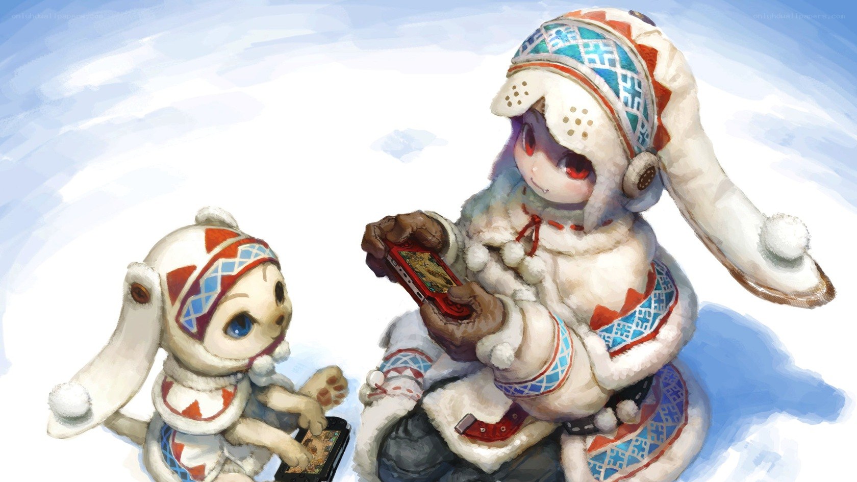 Two rabbit-like characters in winter gear