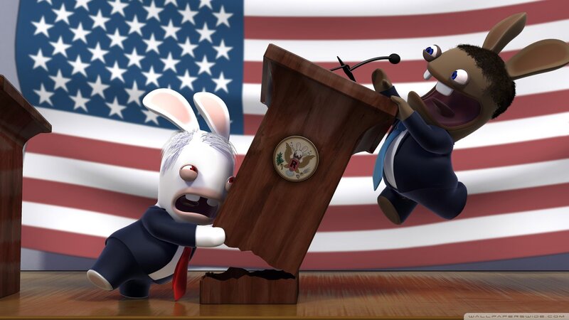 Two Rabbits at Podium — Red, Chaotic, 3d Render, American Flag, Microphone, White