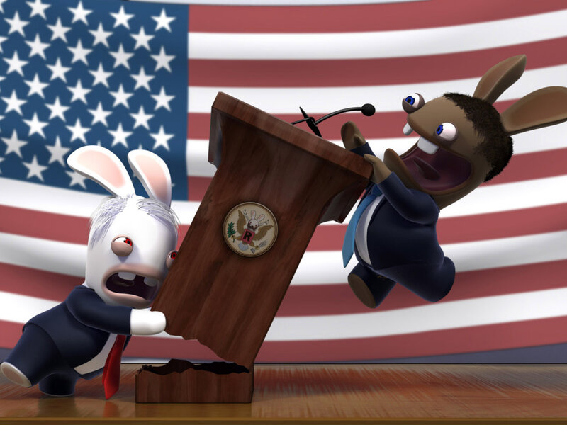 Two Rabbits at Podium — Red, Chaotic, 3d Render