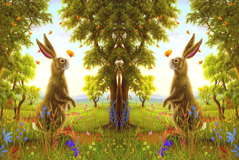 Two Rabbits in Field — Green