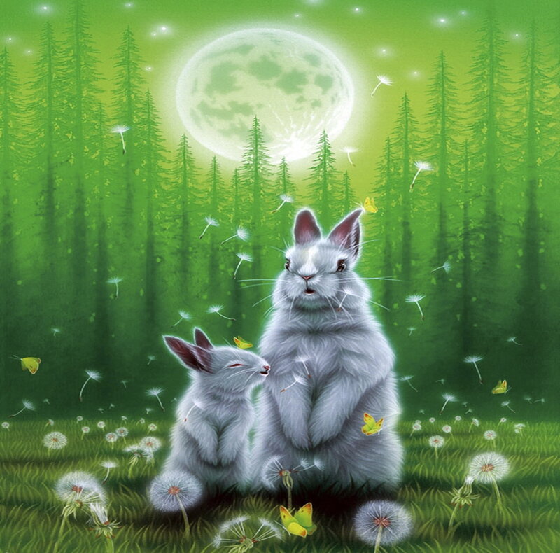 Two Rabbits in Forest — Green