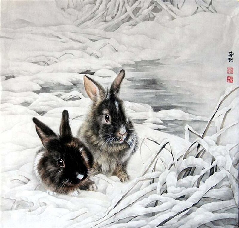 Two Rabbits in Snow — White, Serene