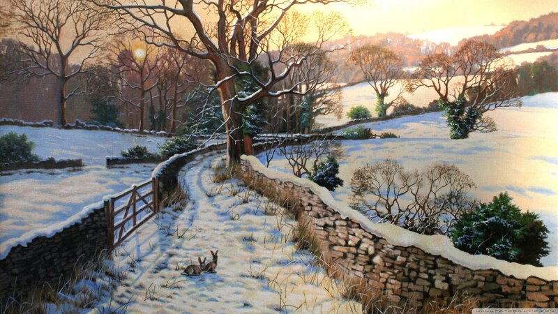 Two Rabbits in Snow — White, Serene, Winter, Painting