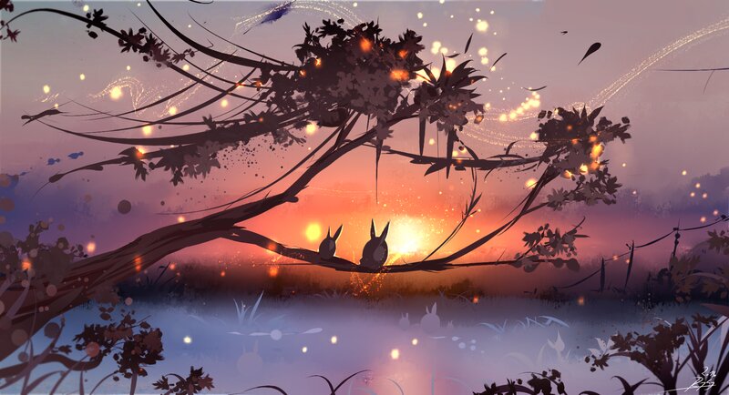 Two Rabbits on a Branch — Purple