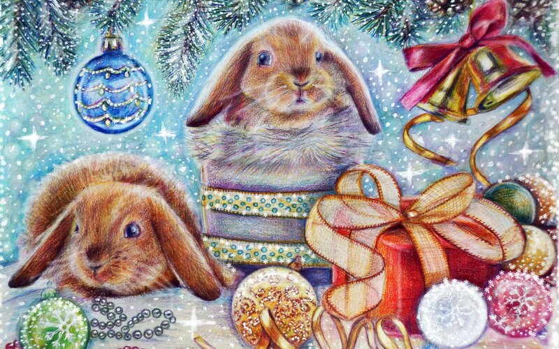Two Rabbits with Ornaments