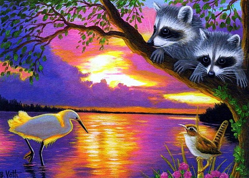Two Raccoons on a Branch — Purple