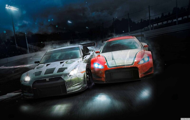 Two Race Cars Colliding — Black, Dramatic