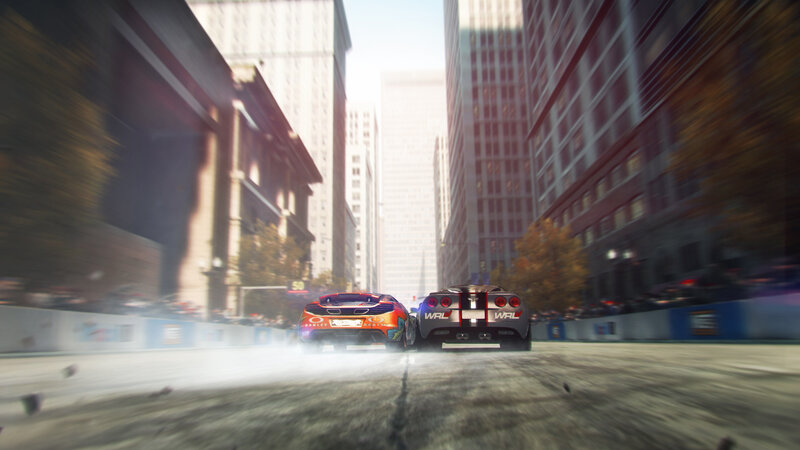 Two Race Cars in City