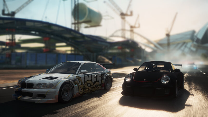 Two Race Cars on Track — Black, Dynamic, Afternoon