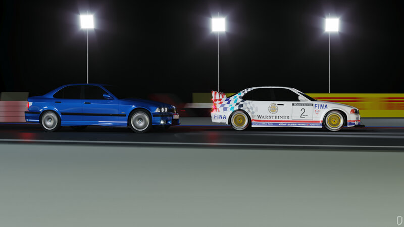 Two Race Cars on Track — Blue, Dramatic, Night