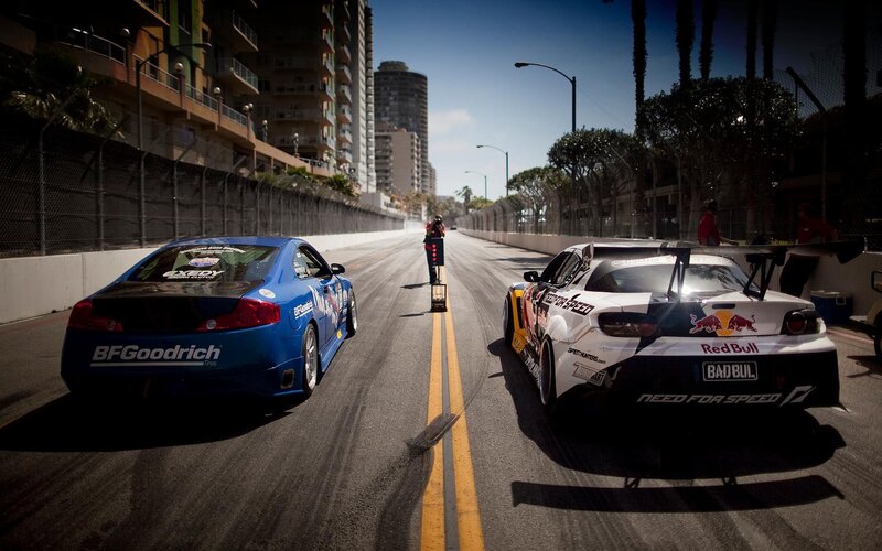 Two Race Cars on Track — Blue, Dramatic