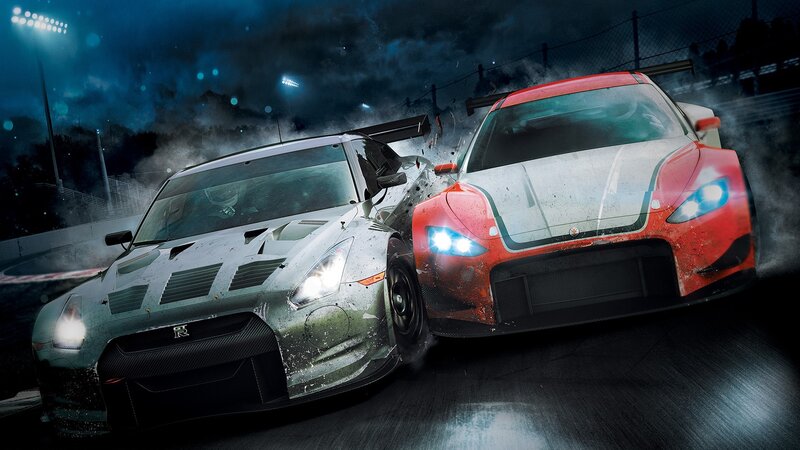 Two Racing Cars Colliding — Red, Dramatic, Night
