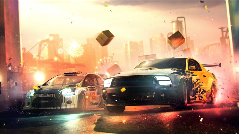 Two Racing Cars — Yellow, Chaotic, Sunset, Digital Art