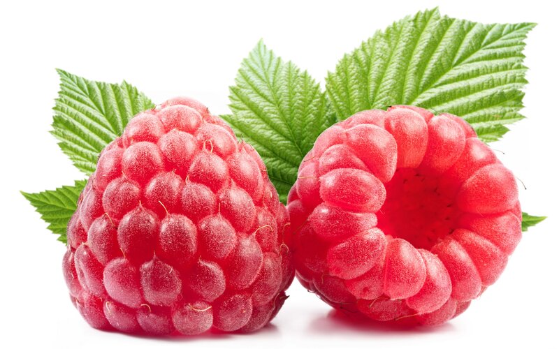 Two Raspberries with Leaves — Red