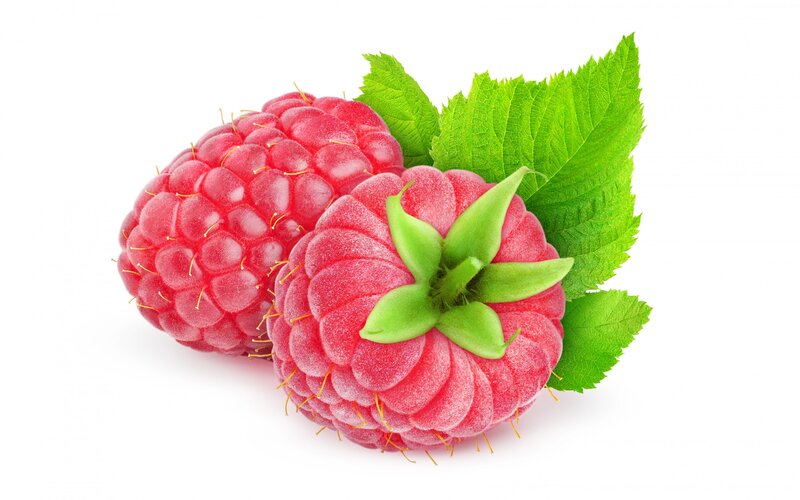 Two Raspberries with Leaves