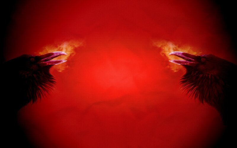 Two Ravens Facing Each Other — Red
