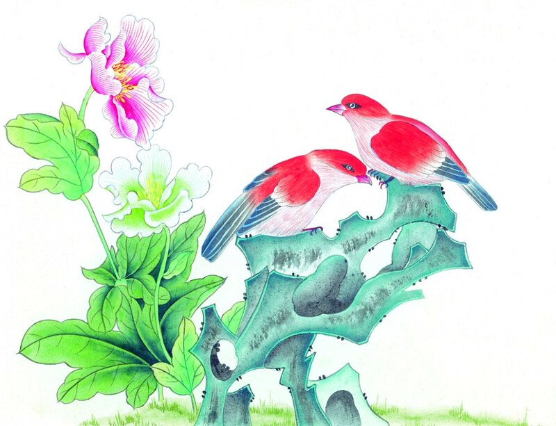 Two Red Birds on Rock