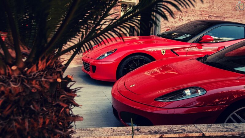 Two Red Ferrari Cars — Dramatic, Afternoon, Photograph, Palm Tree