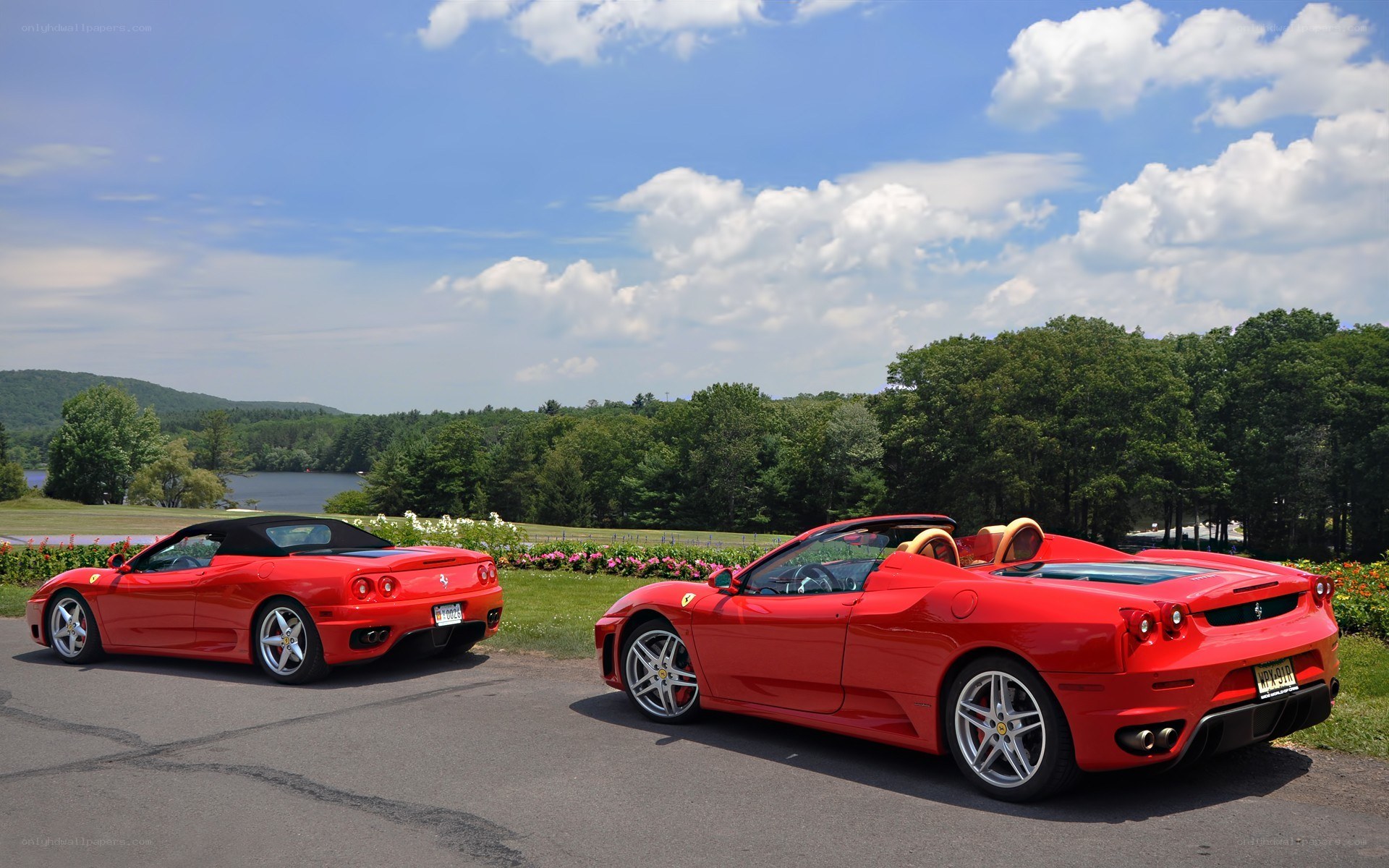 Two red Ferraris by a lake