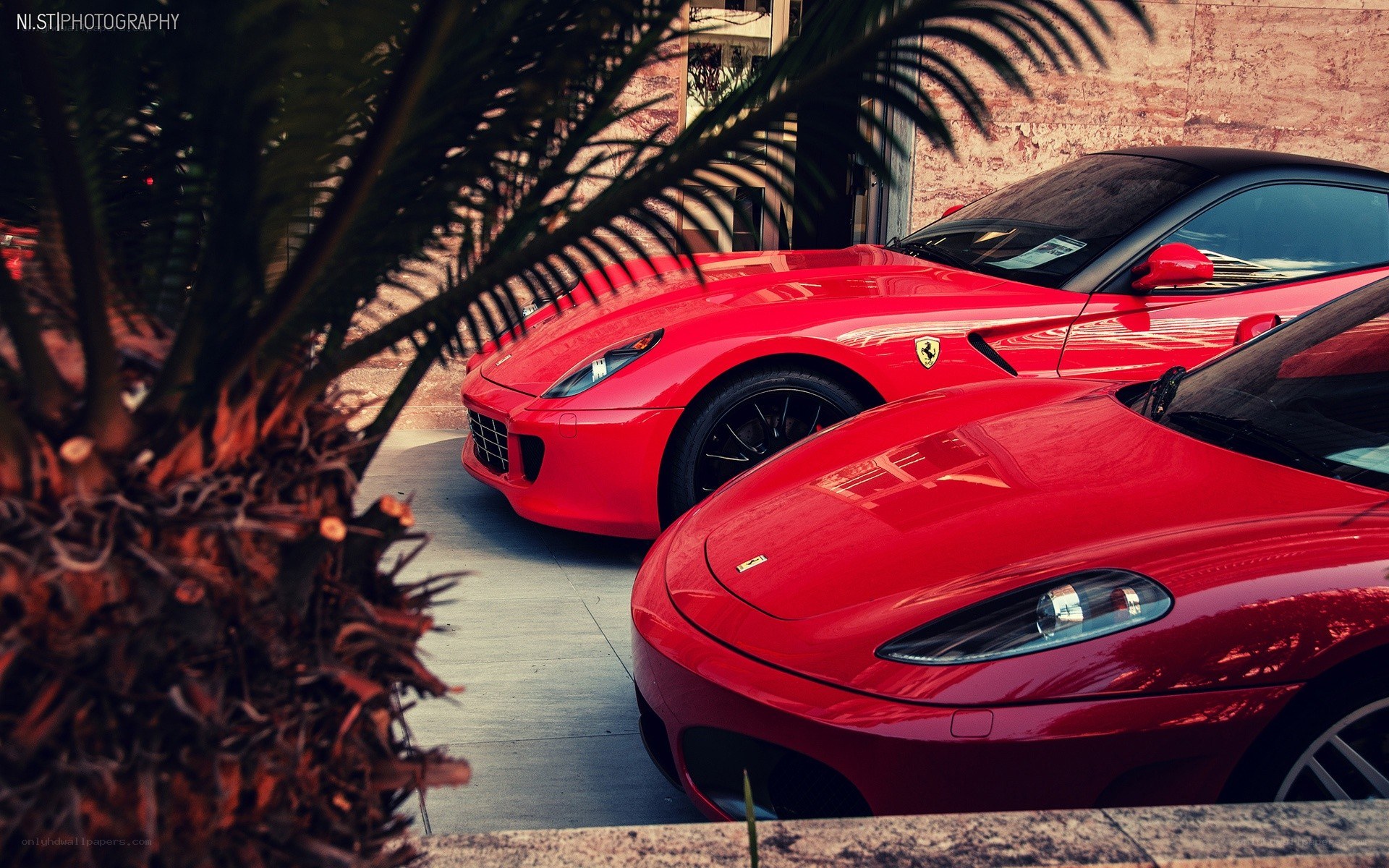 Two red Ferraris parked