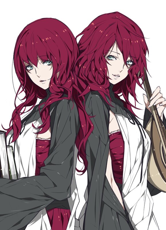 Two Red-haired Anime Characters — Red, Dramatic, Books, Instrument
